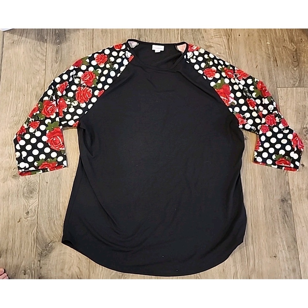 LuLaRoe RANDY T-shirt Black Roses Polka Dot Henley Red Flowers 2XL White Unicorn